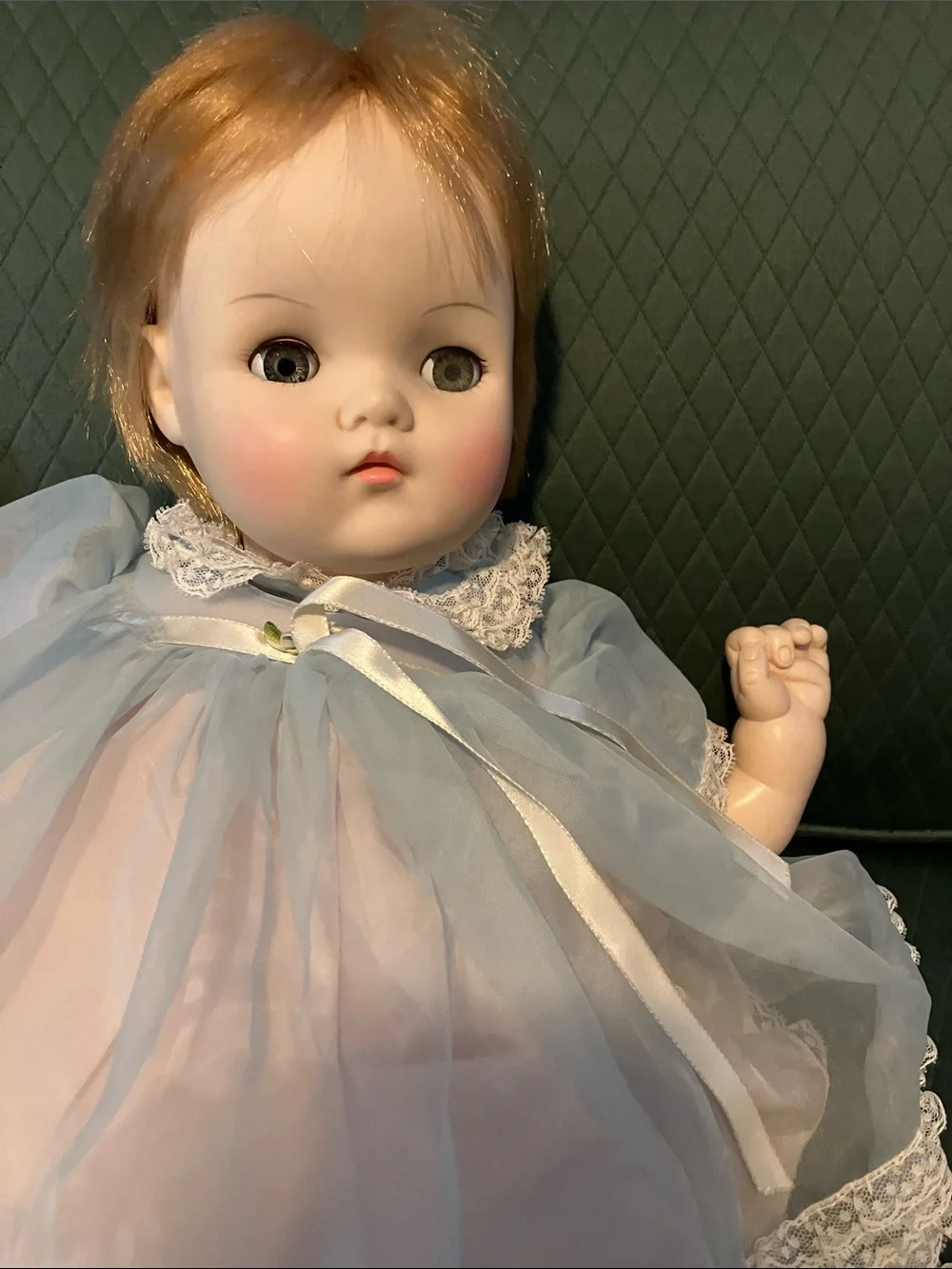 Vintage large Baby Doll in Pale Blue Dress with Bonnet 1973